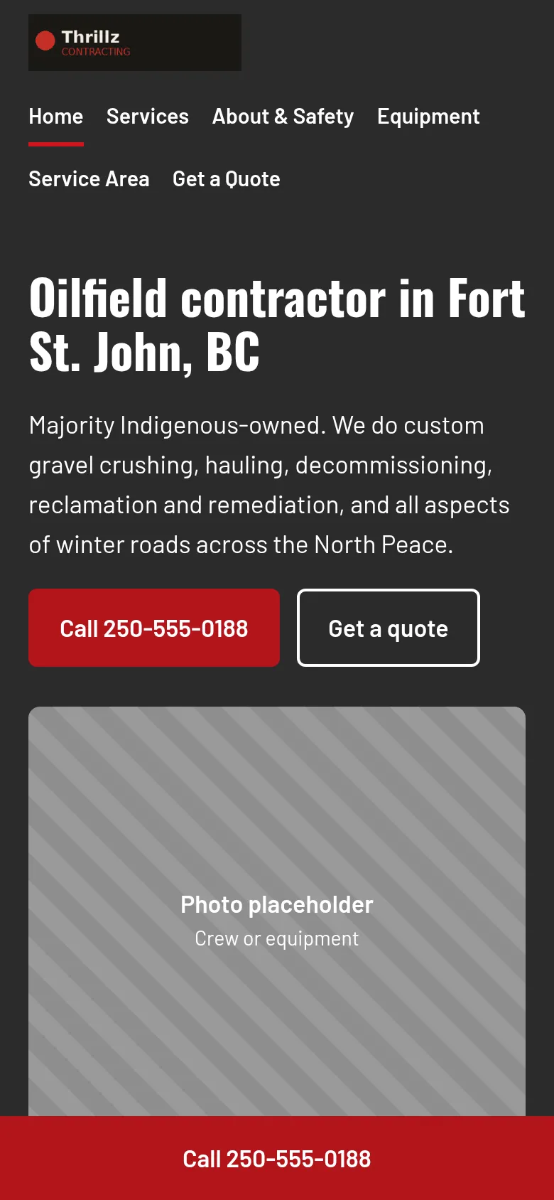 Thrillz Contracting home page on a phone