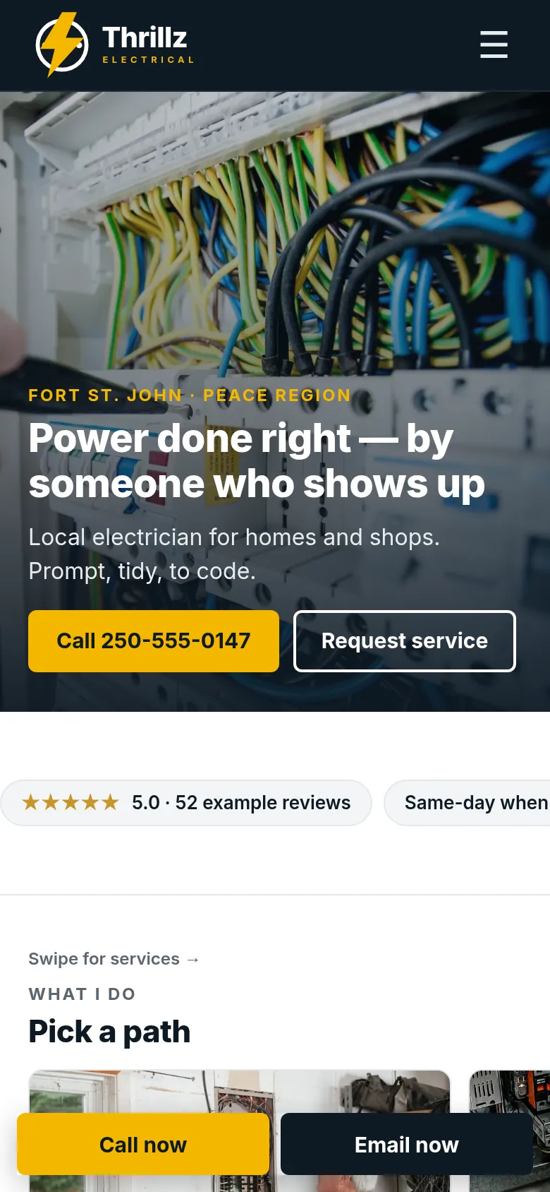 Thrillz Electrical home page on a phone
