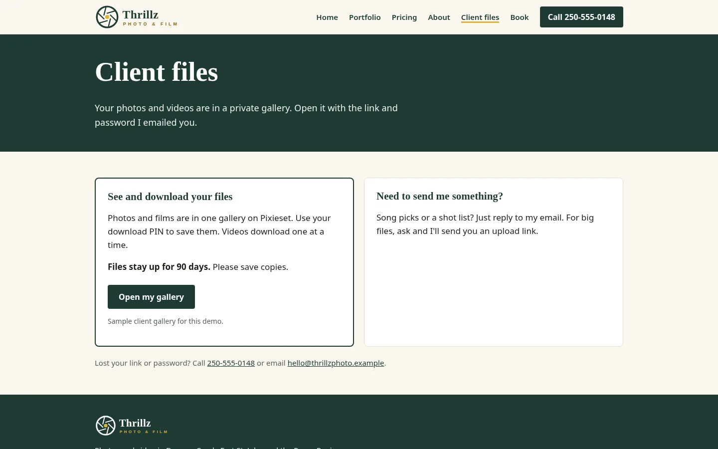 Thrillz Photo and Film client files page